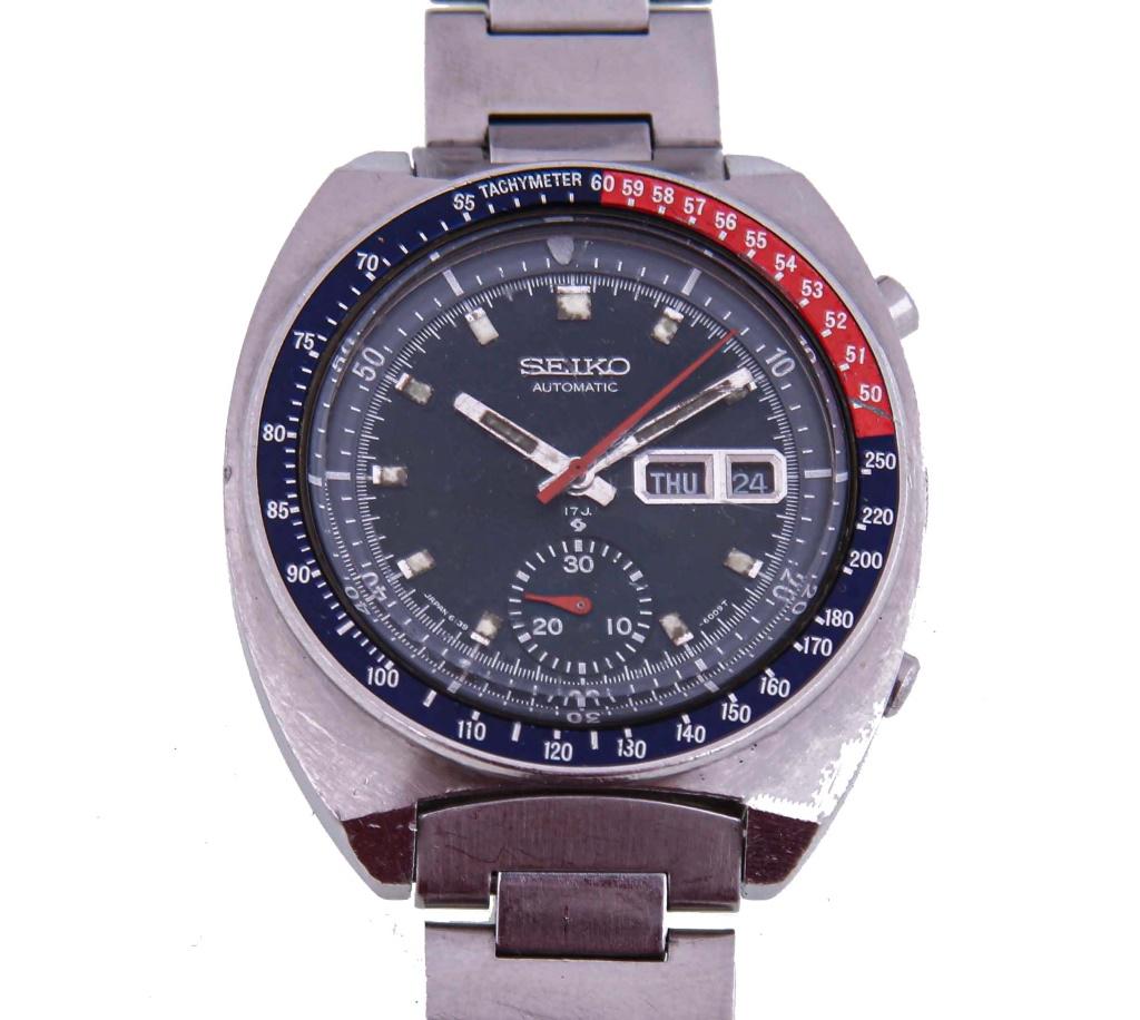 SEIKO POGUE PEPSI CHRONOGRAPH AUTOMATIC 6139-6005: SEIKO POGUE PEPSI CHRONOGRAPH AUTOMATIC 6139-6005 A gentlemen’s Seiko Japan wristwatch model "Pogue", reference 6139 - 6005. Serial 321440 to date circa 1973. Stainless steel body case and link brac