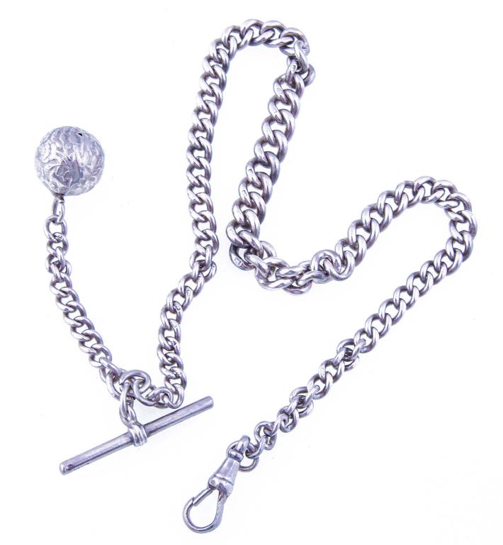 MENS ANTIQUE STERLING SILVER POCKET WATCH FOB: MENS ANTIQUE STERLING SILVER POCKET WATCH FOB An antique British sterling silver pocket watch fob chain. Hallmarked with London marks, date letter of "U", finely crafted with links individually stampe