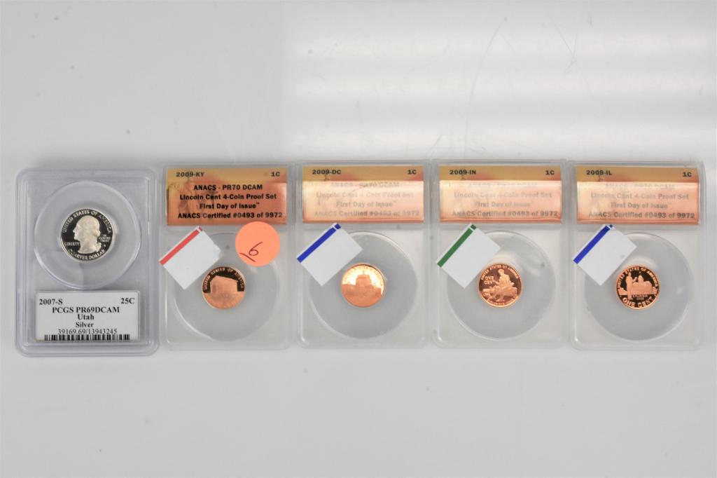5 graded coins; silver state quarter 4 pennies (1 of 3)