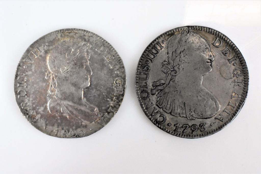 2 Mexican 8 Reales coins 1793 & 1820 silver: curculated