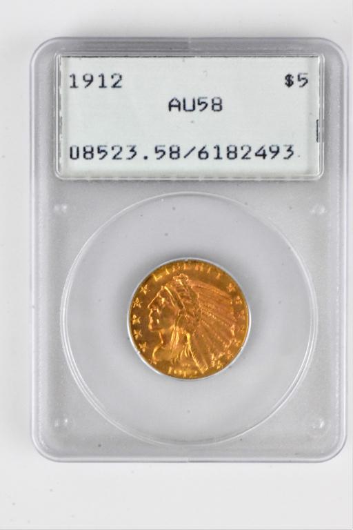 1912 AU58 Gold $5 Indian Head coin PCGS graded (1 of 3)