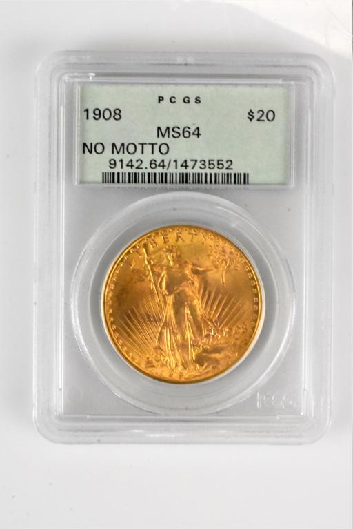 1908 MS64 $20 Gold piece no motto PCGS graded coin (1 of 3)