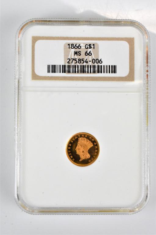1866 MS66 $1 Gold pc. Population 3 & only 5 higher (1 of 3)
