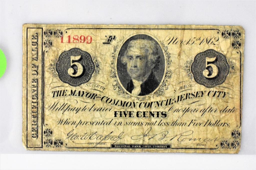 1862 Jersey City 5 Cent Note Fractional Currency (1 of 2)