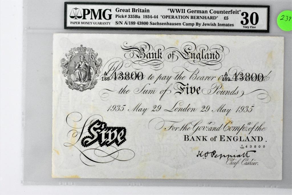 WWII Operation Bernhard 5 Pound Note VF30 PMG 335 (1 of 3)