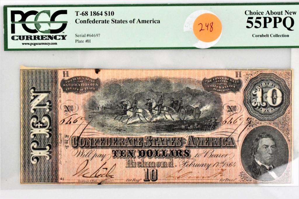 T-68 1864 Confederte $10 Note 55PPQ Choice AN PCGS: Confederate Statesof America