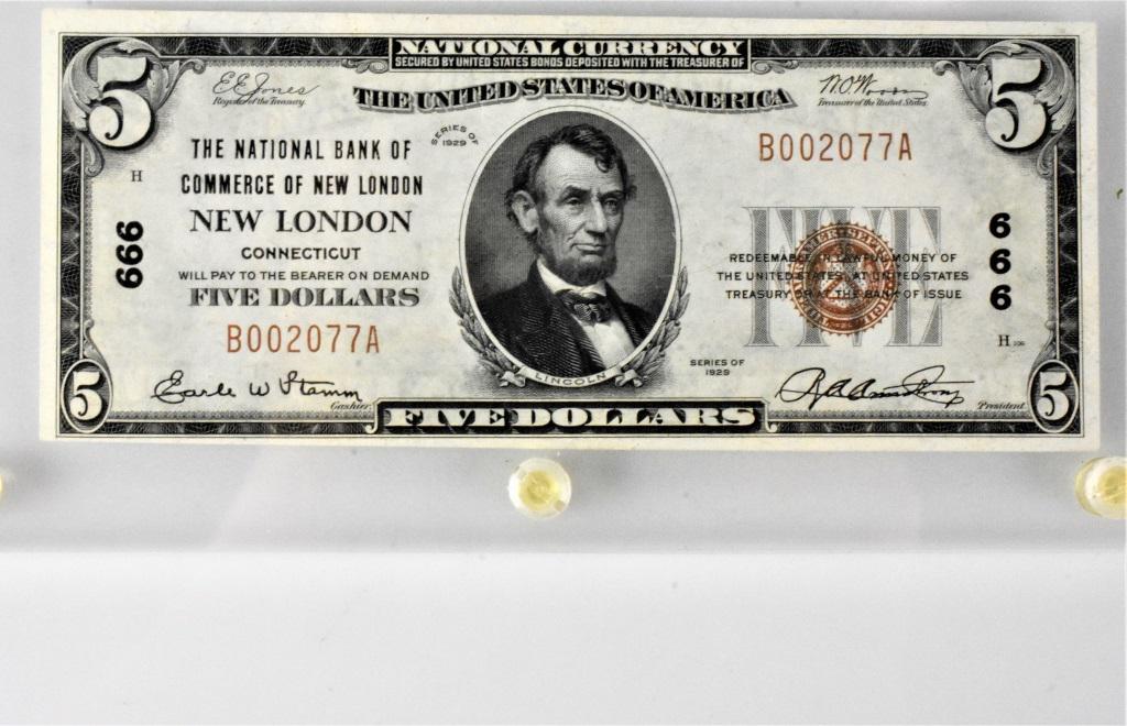 $5 666 New London Bank note 1929 National Bank: Commerce of New London AU/UNC