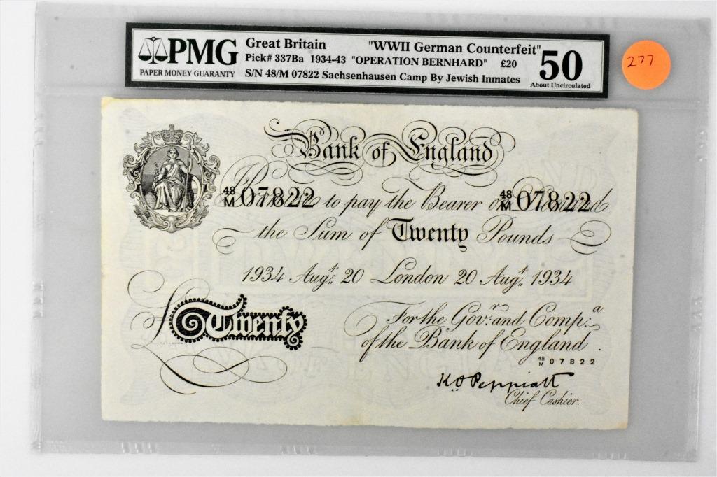 WWII Operation Bernhar 20# AU50 PMG German note (1 of 3)