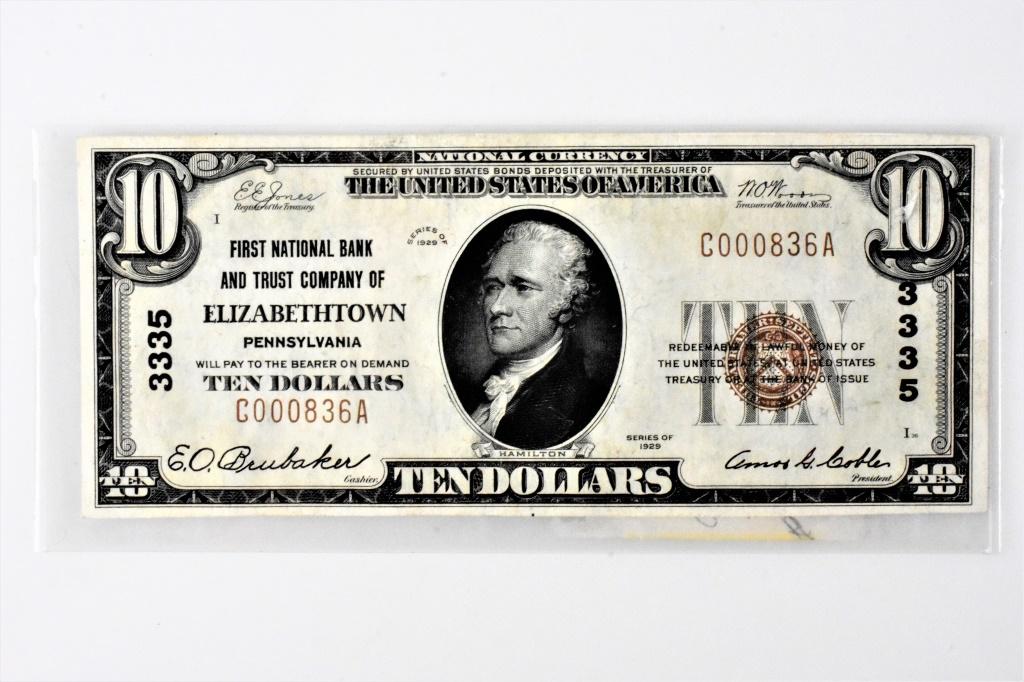 $10 3335 National Bank note Elizabethtown PA 1st: first national bank and trust no holes AU/BU