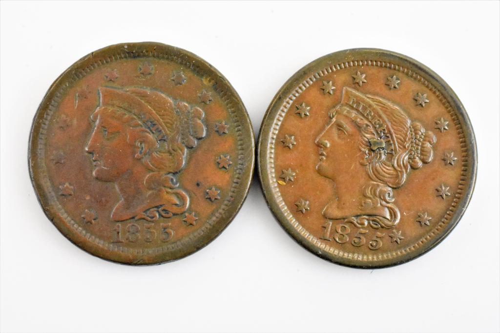 2 1855 large cents slant 5 w?Knob ear & upright 5 (1 of 4)