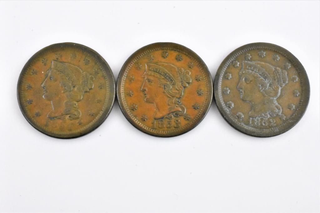 3 large cents 1852 1853 & 1854 all XF or better (1 of 4)