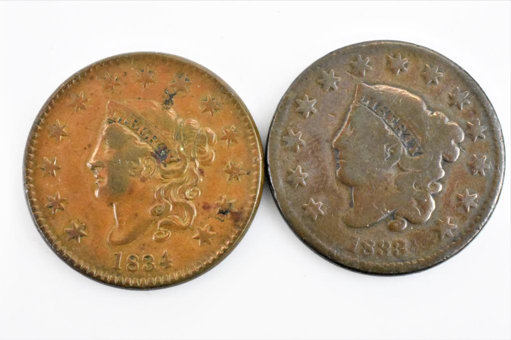 2 large cents 1833 VG n-3 and 1834 VF/XF w/die brk (1 of 2)