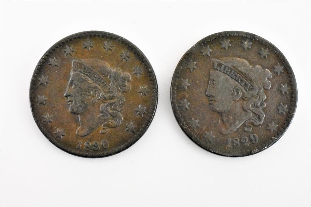 2 large cents 1829 N-6 F/VF 1830 N-8 VF/XF (1 of 2)