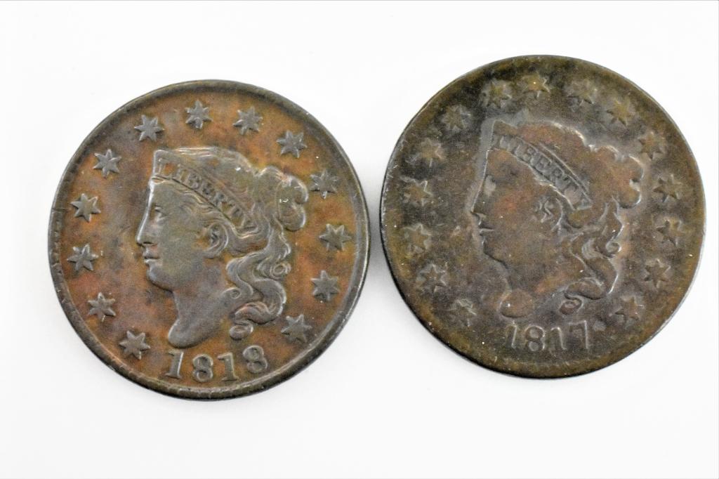 2 large cents 1817 15 star N-16 F 1818 N6 1/2 VF (1 of 2)