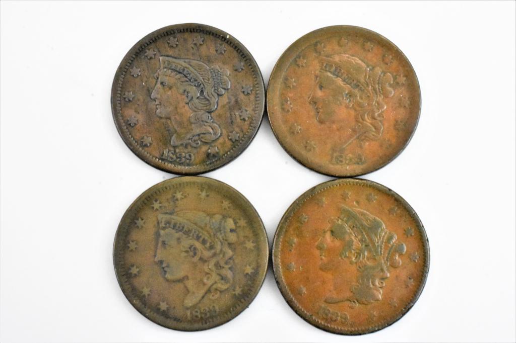 4 1839 large cents F/XF different varieties (1 of 3)