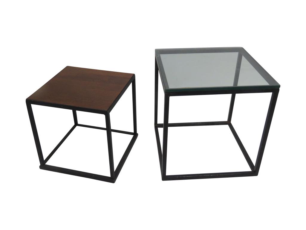 2 Metal Cube Tables: wood top-14.5"x 14.5" 15.25"h, glass top 18" x 18", 18.25"h