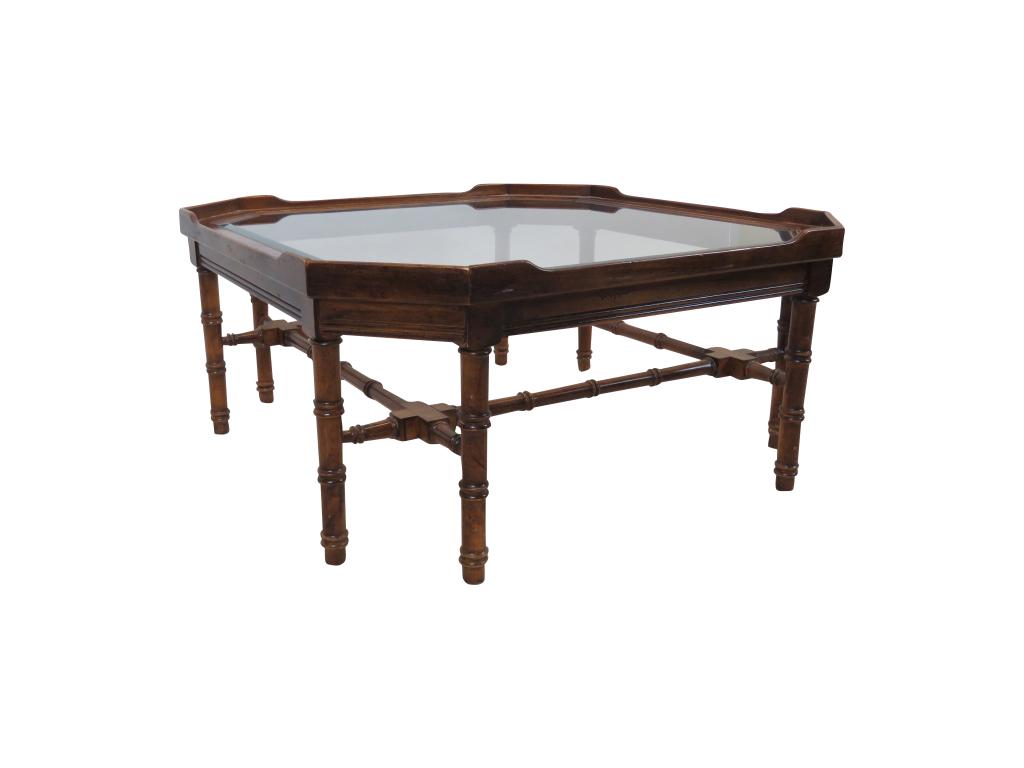 Lane Faux Bamboo Coffee Table: beveled glass top cocktail table, 33.75"w, 33.75"d, 15.75"h