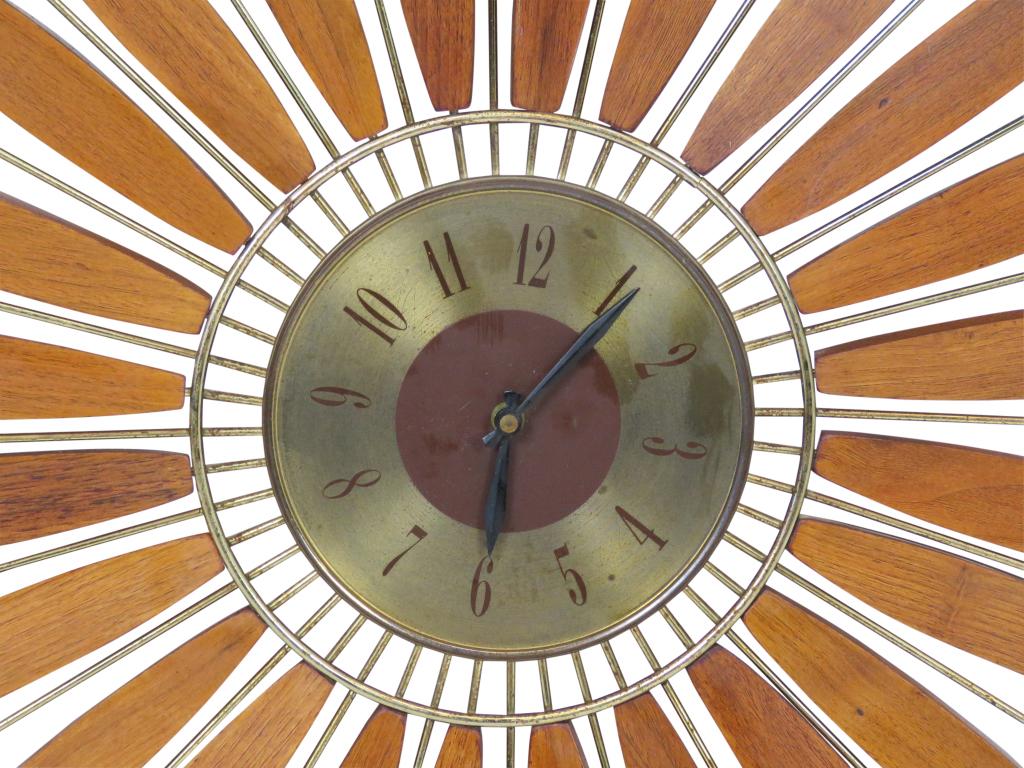 Teak Gilt Metal Sunburst Clock (1 of 5)