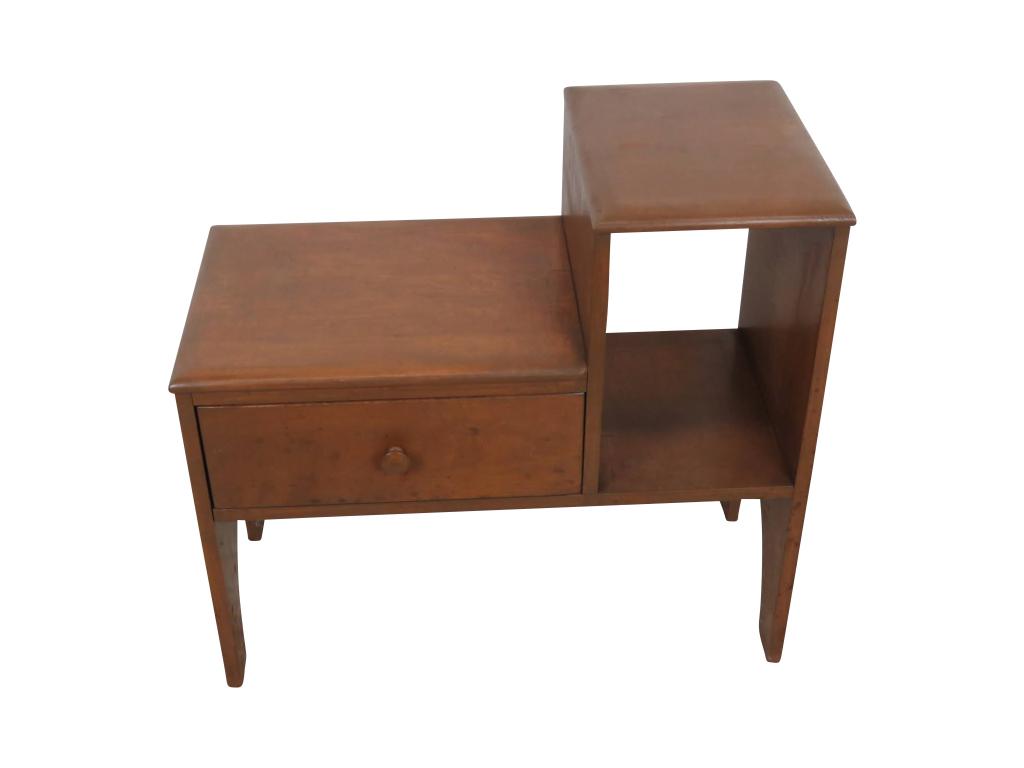 Mid Modern Telephone Syle Bench: Bench w/ double sided drawer-opening either side. 29"w, 15"d [knob to knob], 27"h