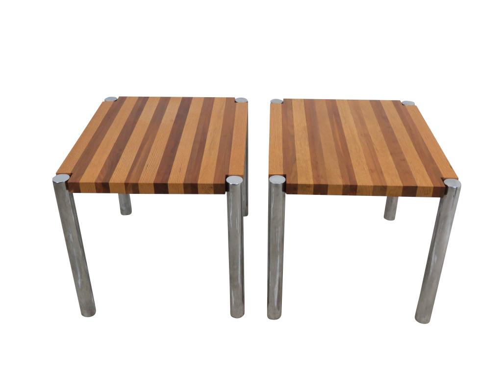 Pair Mixed wood Chrome tables (1 of 7)