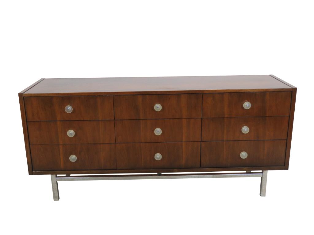 Dresser Crendenza Chrome Base: 9 drawer dresser/ credenza with lucite / acrylic knobs. 64'' w, 18'' d, + .75'' for knobs by 28.75'' h.