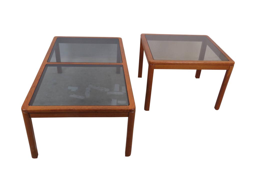 Uldum Teak Coffee & End Table: coffee table & matching end table. Coffee- 51.25"w., 27.25" d., 16"h. End - 27.25" w., 27.25" d., 19" h