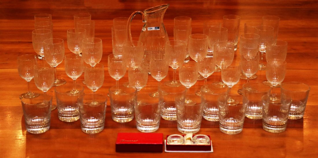 Baccarat, France, crystal drinking service set: Baccarat, France, crystal drinking service set consisting of a large water jug, 12 lemonade glasses, 12 water glasses, 18 large wine glasses and 6 small wine glasses and salt and pepper set with origi
