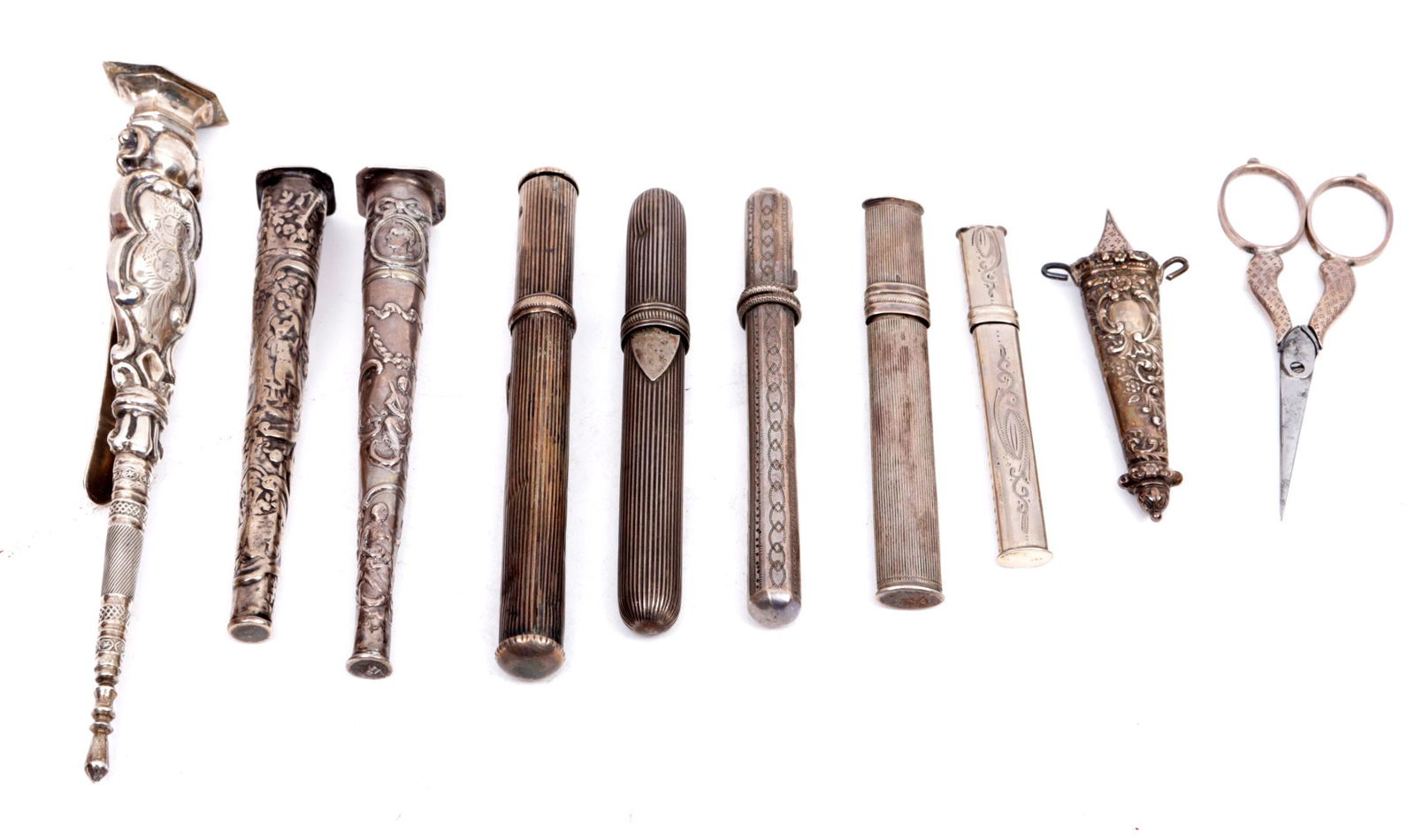 Various antique silver needle cases, scissors, etc.: Various antique silver needle cases, scissors, etc.