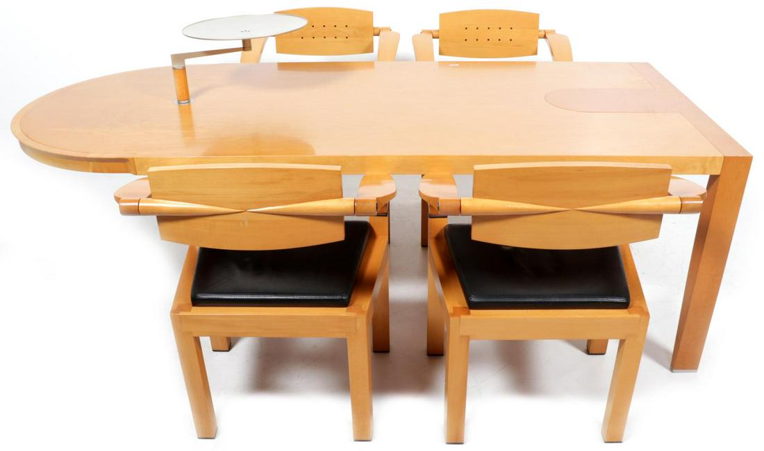 Giorgetti, cherry wood design dining room table, Zoi,: Giorgetti, cherry wood design dining room table, Zoi, 1996, designed by Chi Wing Lo, numbered at the bottom of the table, No. 4318, h.74 x L.220 x w.96 cm. and Giorgetti, 4 matching cherry wood reclin