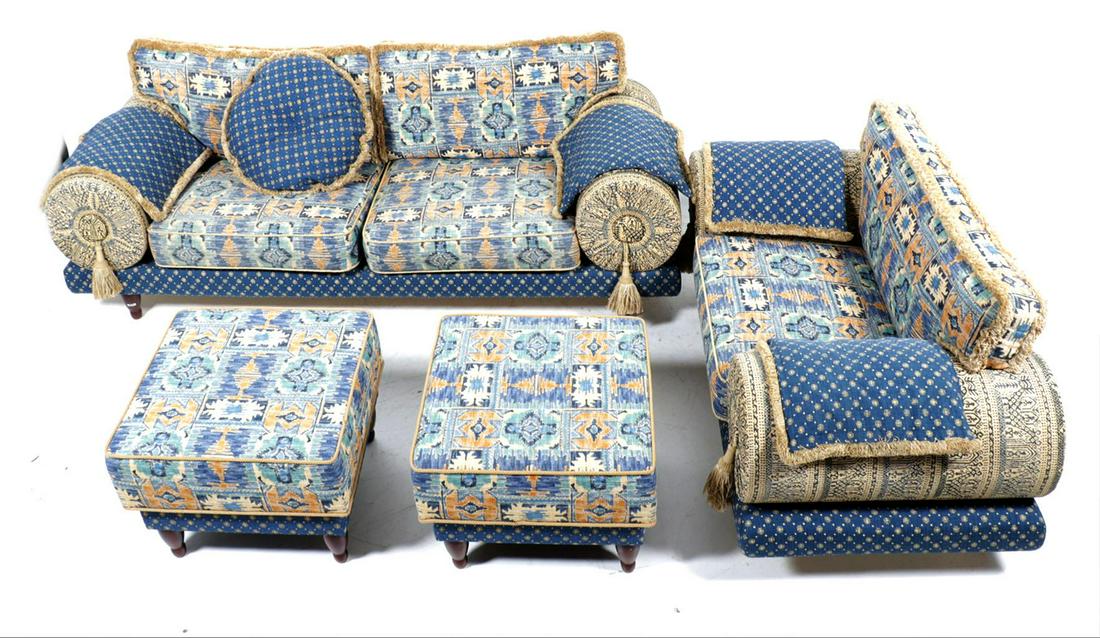 Sofa with armchair and 2 footstools, covered with blue (1 of 8)