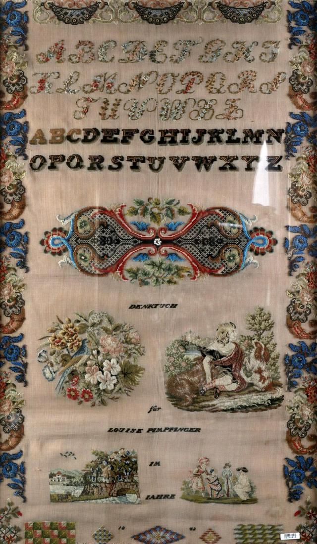 Antique sampler (needlework) in mahogany frame, dated 1843, ... (1 of 5)