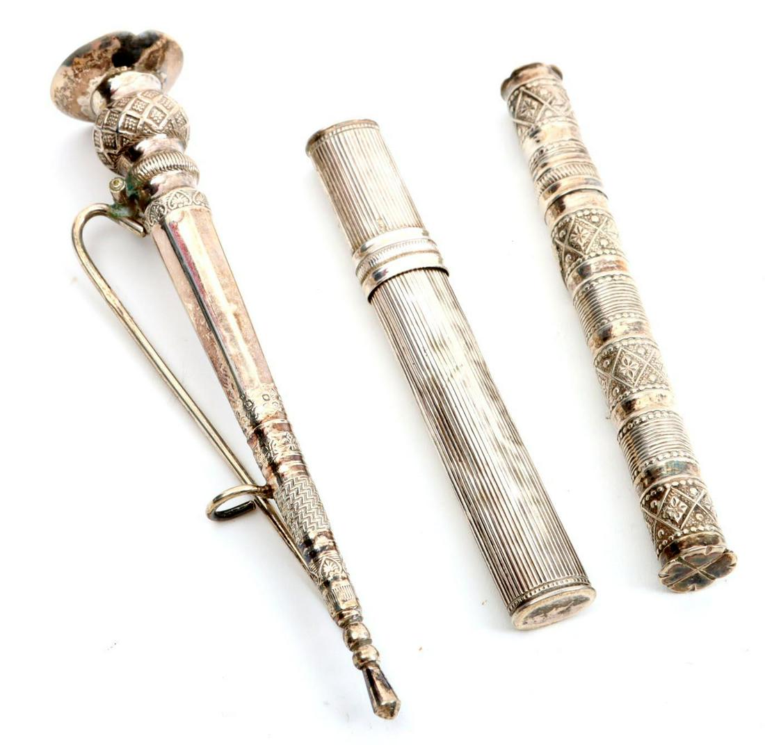 3 Antique silver needle cases: 3 Antique silver needle cases