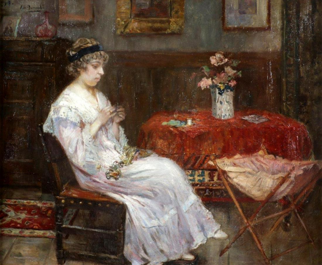 Albert Dumoulin (Belgian 1871-1935), Woman in an interior, o ...: Albert Dumoulin (Belgian 1871-1935), Woman in an interior, oil on canvas, 52 x 60 cm