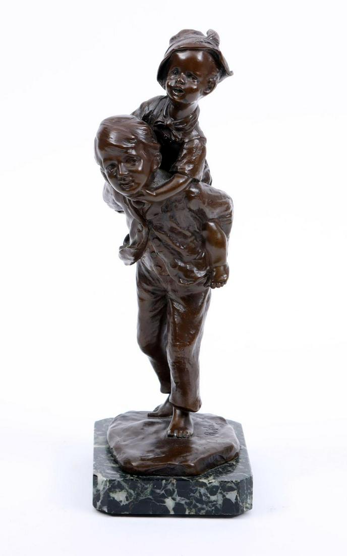 Rudolf Kaesbach,1873-1955, bronze sculpture of two children ...: Rudolf Kaesbach,1873-1955, bronze sculpture of two children resting on a marble base, dated 1905, h.23 cm.