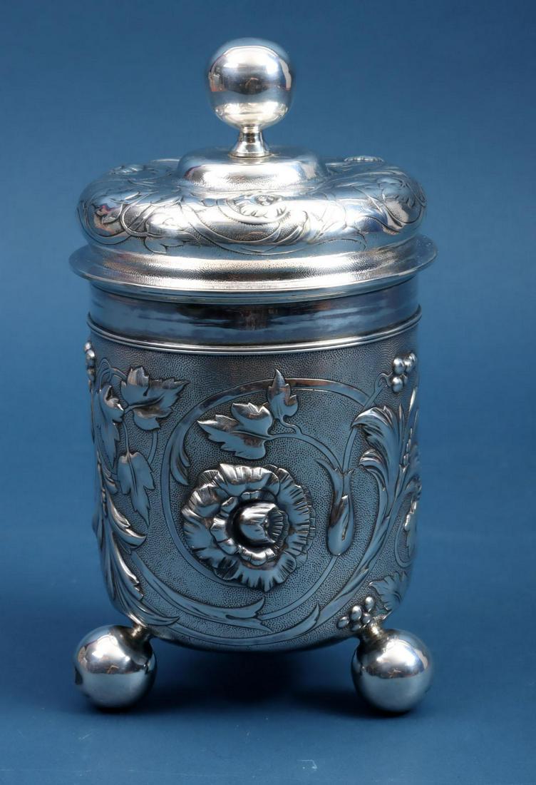 Richly decorated 835/1000 silver Jugendstil lidded pot on le ... (1 of 7)