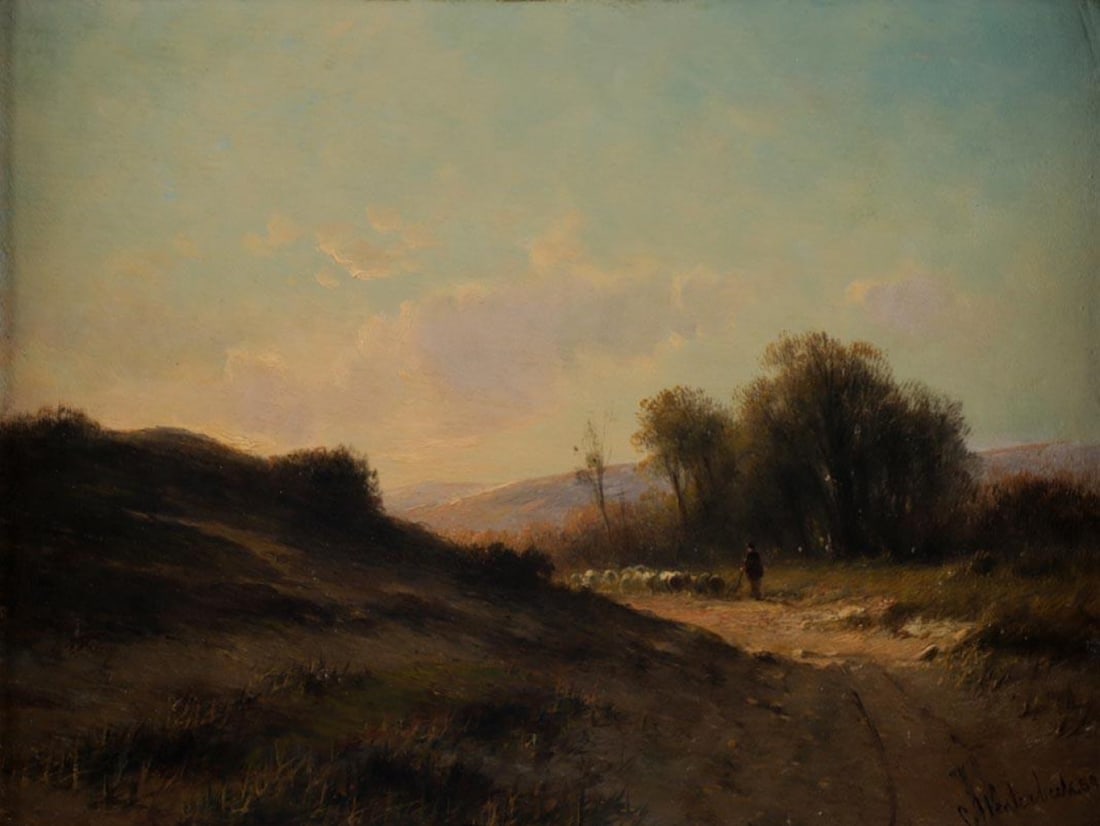 Cornelis Westerbeek, Sasseneheim 1844-1903 The Hague, Hilly ...: Cornelis Westerbeek, Sasseneheim 1844-1903 The Hague, Hilly landscape with a shepherd and herd of sheep, oil on panel, 27 x 34 cm.