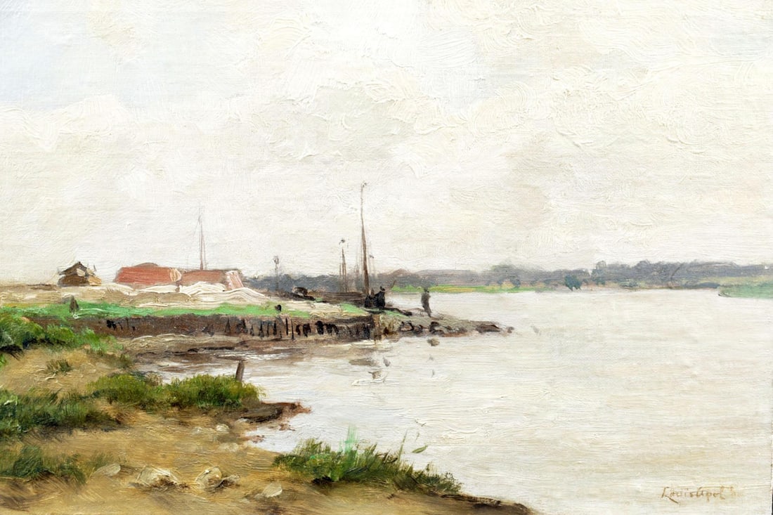 Unknown artist, carries signature Louis Apol, River landscap ...: Unknown artist, carries signature Louis Apol, River landscape, maroufle, 48 x 30 cm.