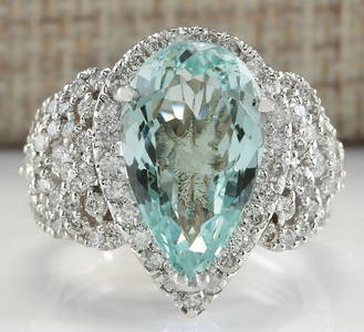 7.30 CTW Natural Aquamarine And Diamond Ring In 18K Solid White Gold