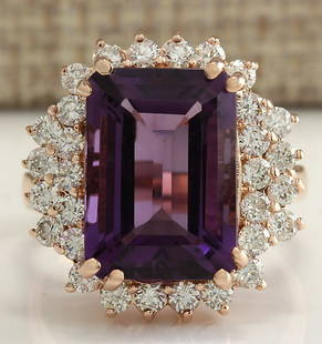 8.37 CTW Natural Amethyst And Diamond Ring In 18K Solid Rose Gold: 8.37 CTW Natural Amethyst And Diamond Ring In 18K Solid Rose Gold Manufacturer's Suggested Retail Price: $ 4700.00 Stamped: 18K Ring Size: 7 Total Ring Weight: 8.5 Grams Diamond Weight: 