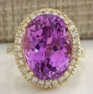 18.62 CTW Natural Kunzite And Diamond Ring 18K Solid Yellow Gold: 18.62 CTW Natural Kunzite And Diamond Ring 18K Solid Yellow Gold Manufacturer's Suggested Retail Price: $ 5800.00 Stamped: 18K Ring Size: 6.75(FREE SIZING AVAILABLE) Total Ring Weight: 8 Grams