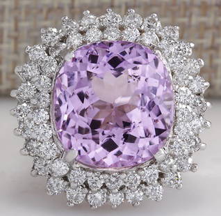 20.08 CTW Natural Kunzite And Diamond Ring 14K Solid White Gold: 20.08 CTW Natural Kunzite And Diamond Ring 14K Solid White Gold Manufacturer's Suggested Retail Price: $ 7100.00 Stamped: 14K Ring Size: 6.25 Total Ring Weight: 13 Grams Diamond Weight: 
