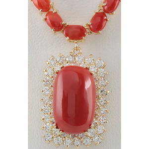 38.32 CTW Natural Red Coral And Diamond Necklace In 18K Yellow Gold