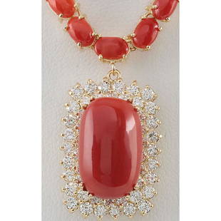 38.32 CTW Natural Red Coral And Diamond Necklace In 18K Yellow Gold: 38.32 CTW Natural Red Coral And Diamond Necklace In 18K Yellow Gold Manufacturer's Suggested Retail Price: $ 12200.00 Stamped: 18K Total Necklace Weight: 27.2Grams Diamond Weight: 