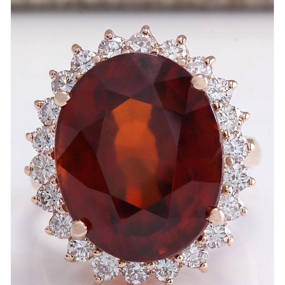 18.07 CTW Natural Hessonite Garnet And Diamond Ring 14K Solid Rose Gold: 18.07 CTW Natural Hessonite Garnet And Diamond Ring 14K Solid Rose Gold Manufacturer's Suggested Retail Price: $ 6400.00 Stamped: 14K Ring Size: 7 Total Ring Weight: 5.5 Grams Diamond Weight: Total Na