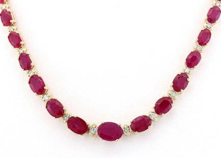 33.20 CTW Natural African Ruby And Diamond Necklace In 18K Yellow Gold: 33.20 CTW Natural African Ruby And Diamond Necklace In 18K Yellow Gold Manufacturer's Suggested Retail Price: $ 6800.00 Stamped: 18K 17inch long Total Necklace Weight: 19Grams Diamond