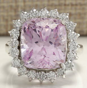 16.95 CTW Natural Kunzite And Diamond Ring 14K Solid White Gold: 16.95 CTW Natural Kunzite And Diamond Ring 14K Solid White Gold Manufacturer's Suggested Retail Price: $ 4900.00 Stamped: 14K Ring Size: 7.5 Total Ring Weight: 7.5 Grams Diamond Weight: 
