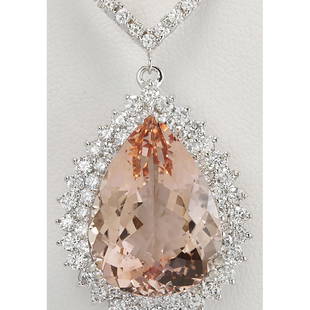 25.92 CTW Natural Morganite And Diamond Necklace In 14K White Gold: 25.92 CTW Natural Morganite And Diamond Necklace In 14K White Gold Manufacturer's Suggested Retail Price: $ 14300.00 Stamped: 14K Total Necklace Weight: 19.6Grams Diamond Weight: Total