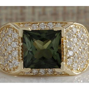 3.37 CTW Natural Green Tourmaline And Diamond Ring 14K Solid Yellow Gold