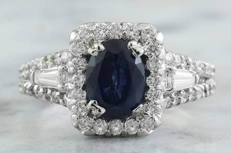 3.10 CTW Sapphire 18K White Gold Diamond ring: 3.10 CTW Sapphire 18K White Gold Diamond ring Manufacturer's Suggested Retail Price: $ 4600.00 Stamped: 18K Ring Size: 7 Total Ring Weight: 5.7 Grams Sapphire Weight: 2.10 Carat (8.00x6.00