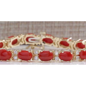 18.44CTW Natural Red Coral And Diamond Bracelet In 14K Solid Yellow Gold